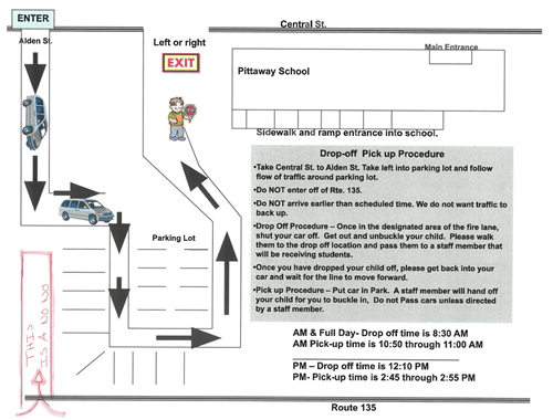 A map of the pick up and drop off route for Ashland Preschool